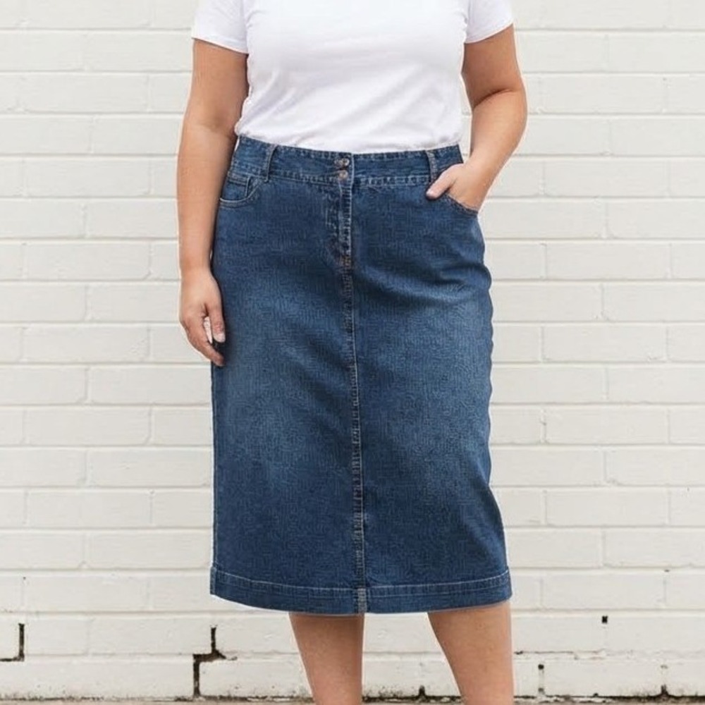 Y2K Denim Midi Skirt Womens 16 Blue Straight Back Vent Western Cowgirl Rodeo